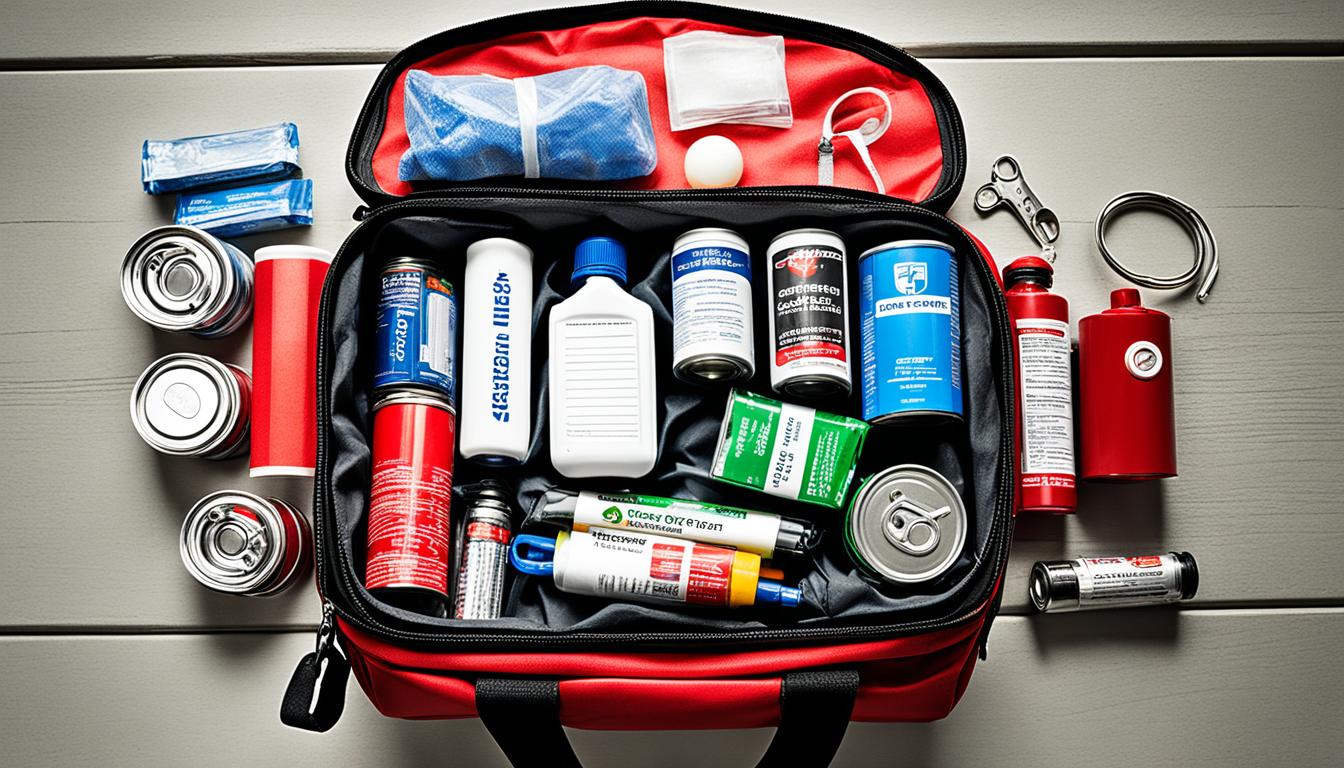 an image of an emergency kit for power outage. The kit should include a flashlight, batteries, candles, matches, a portable charger, a first aid kit, and non-perishable food items like canned goods and water bottles